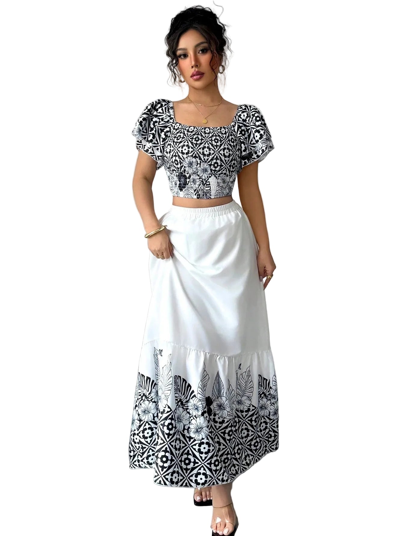 Boho Print Crop Top Maxi Skirt Set