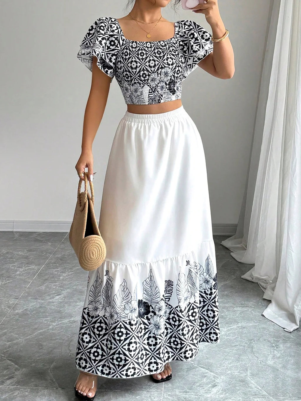 Boho Print Crop Top Maxi Skirt Set