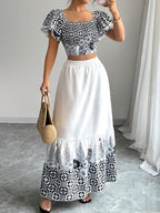 Boho Print Crop Top Maxi Skirt Set