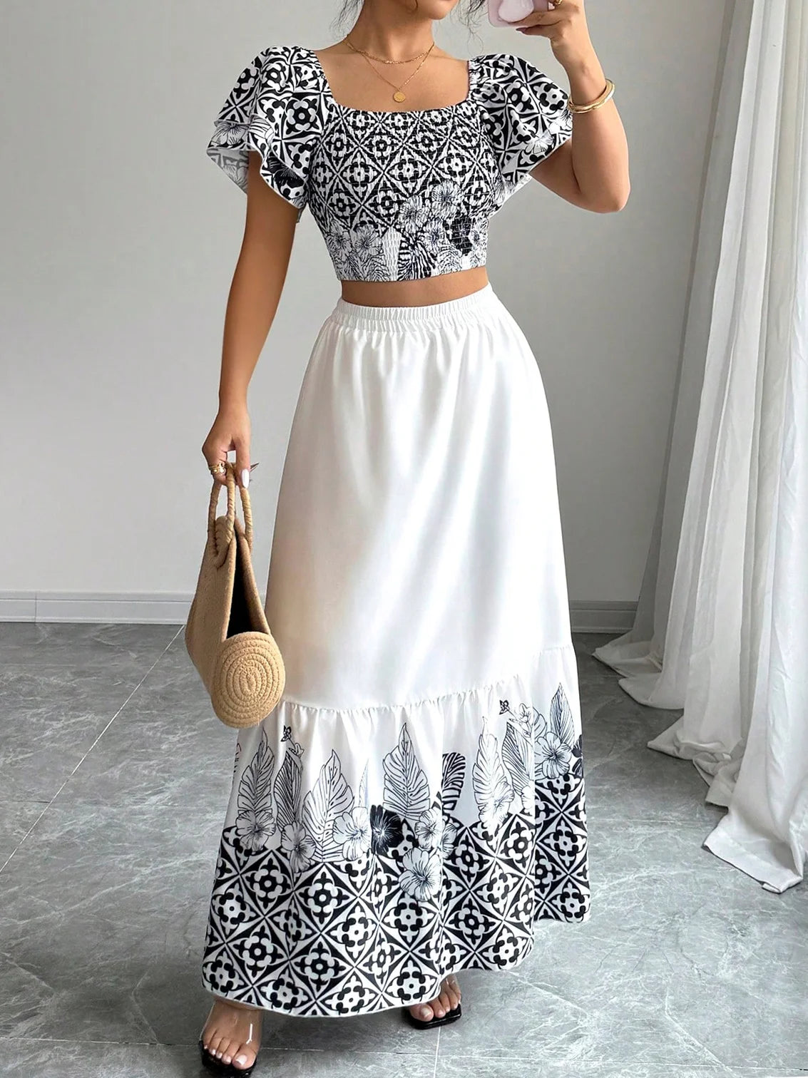 Boho Print Crop Top Maxi Skirt Set