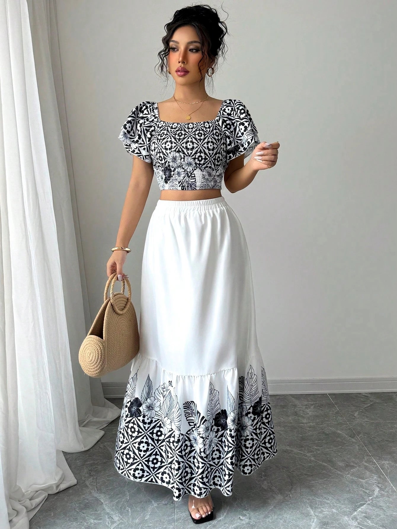 Boho Print Crop Top Maxi Skirt Set