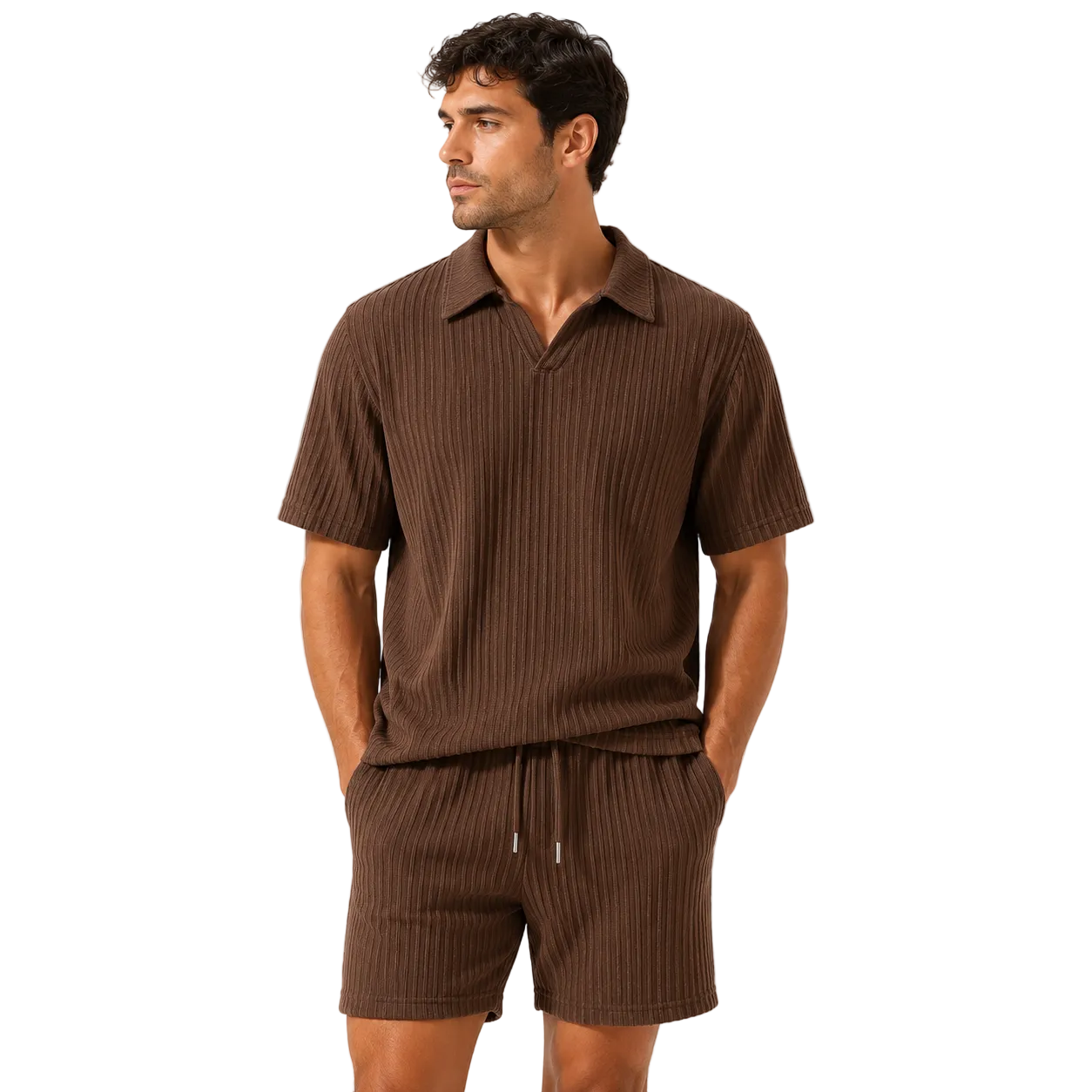 Brown ribbed short sleeve polo shirt and matching shorts, front view.