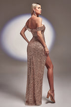 Women's Glitter Maxi Dress with Off Shoulder Neckline and Split