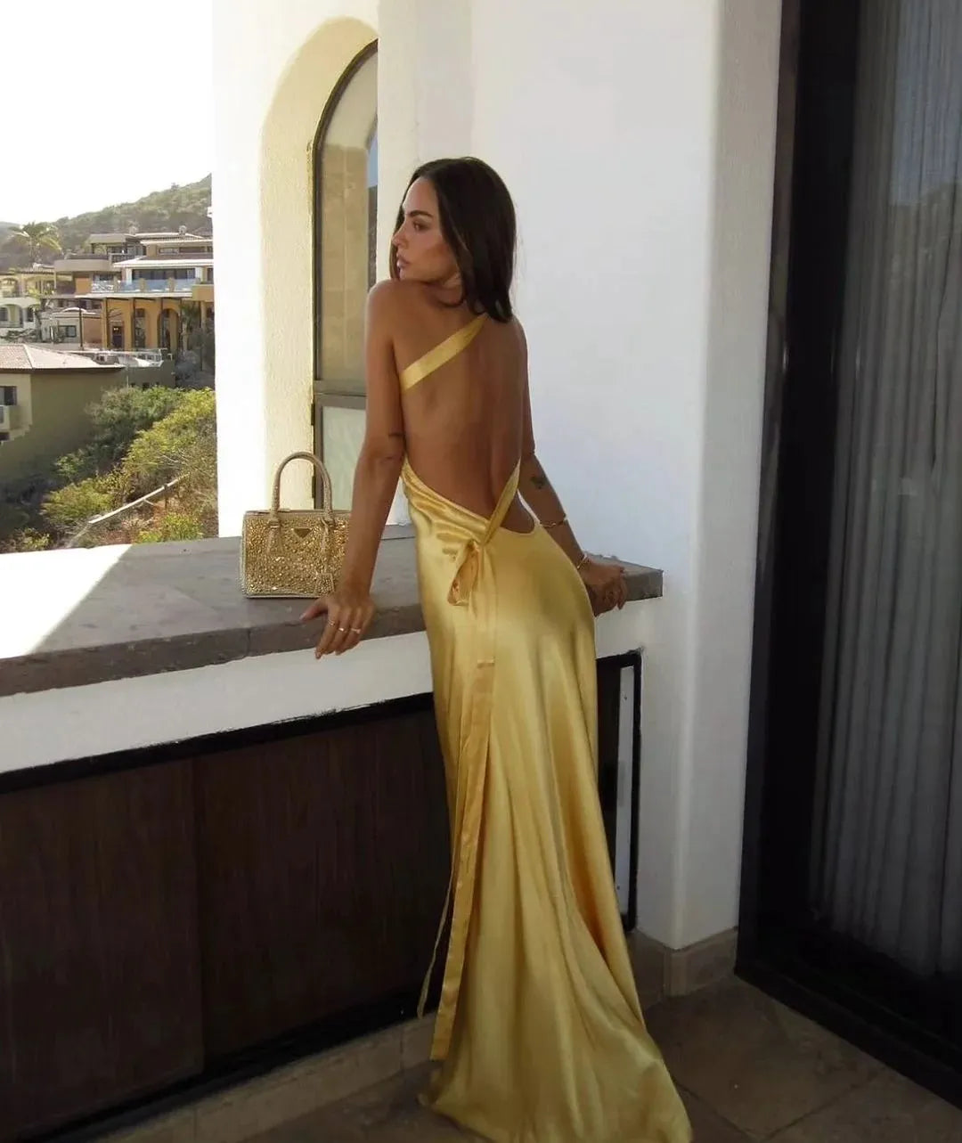 Women's Fitted Maxi Dress with One Shoulder and Tie Back Main image