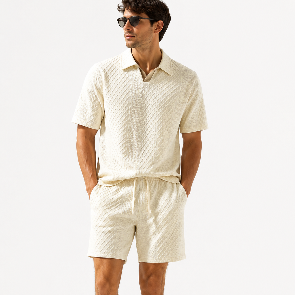 Cream textured short sleeve polo shirt and matching shorts, front view.