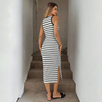 Crew Neck Striped Fitted Midi Dress in White