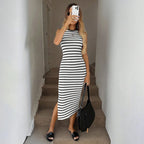 Crew Neck Striped Fitted Midi Dress in White