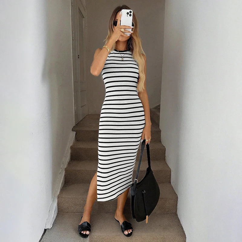 Crew Neck Striped Fitted Midi Dress in White