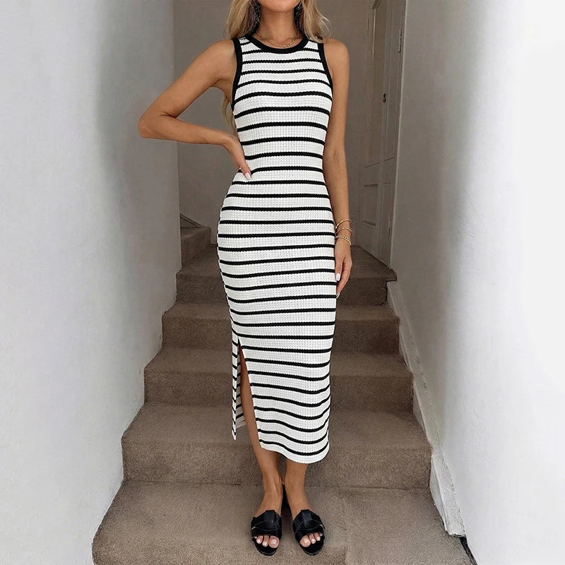 Crew Neck Striped Fitted Midi Dress in White