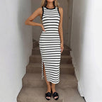 Crew Neck Striped Fitted Midi Dress in White