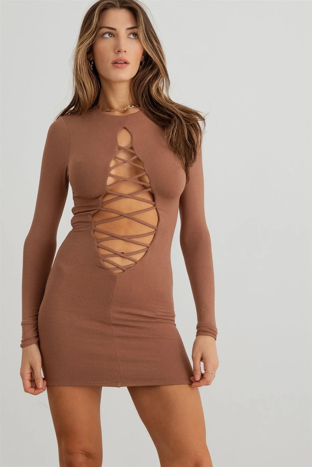 Long Sleeve Lace Up Bodycon Mini Dress
