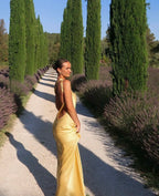Women's Fitted Maxi Dress with One Shoulder and Tie Back