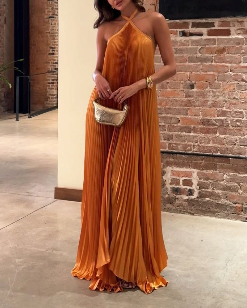 Women's Pleated Halter Maxi Dress with Sleeveless A Line Fit
