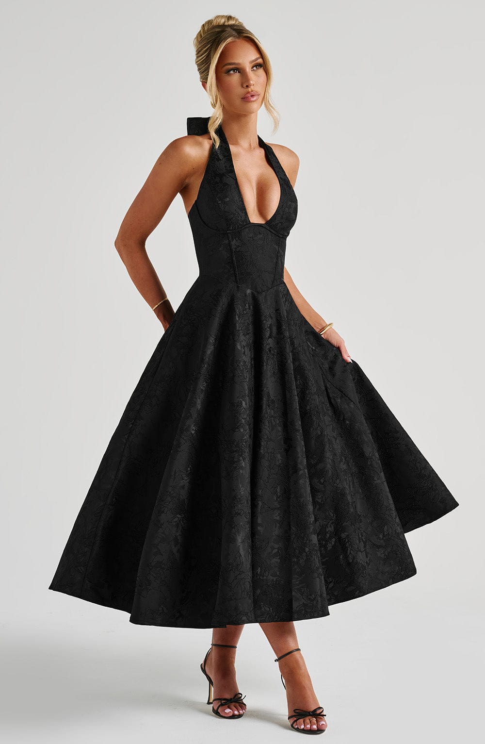 Backless Halter Midi Dress With Full Skirt