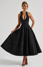 Backless Halter Midi Dress With Full Skirt