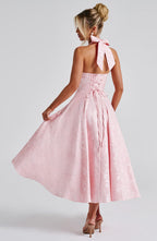Backless Halter Midi Dress With Full Skirt