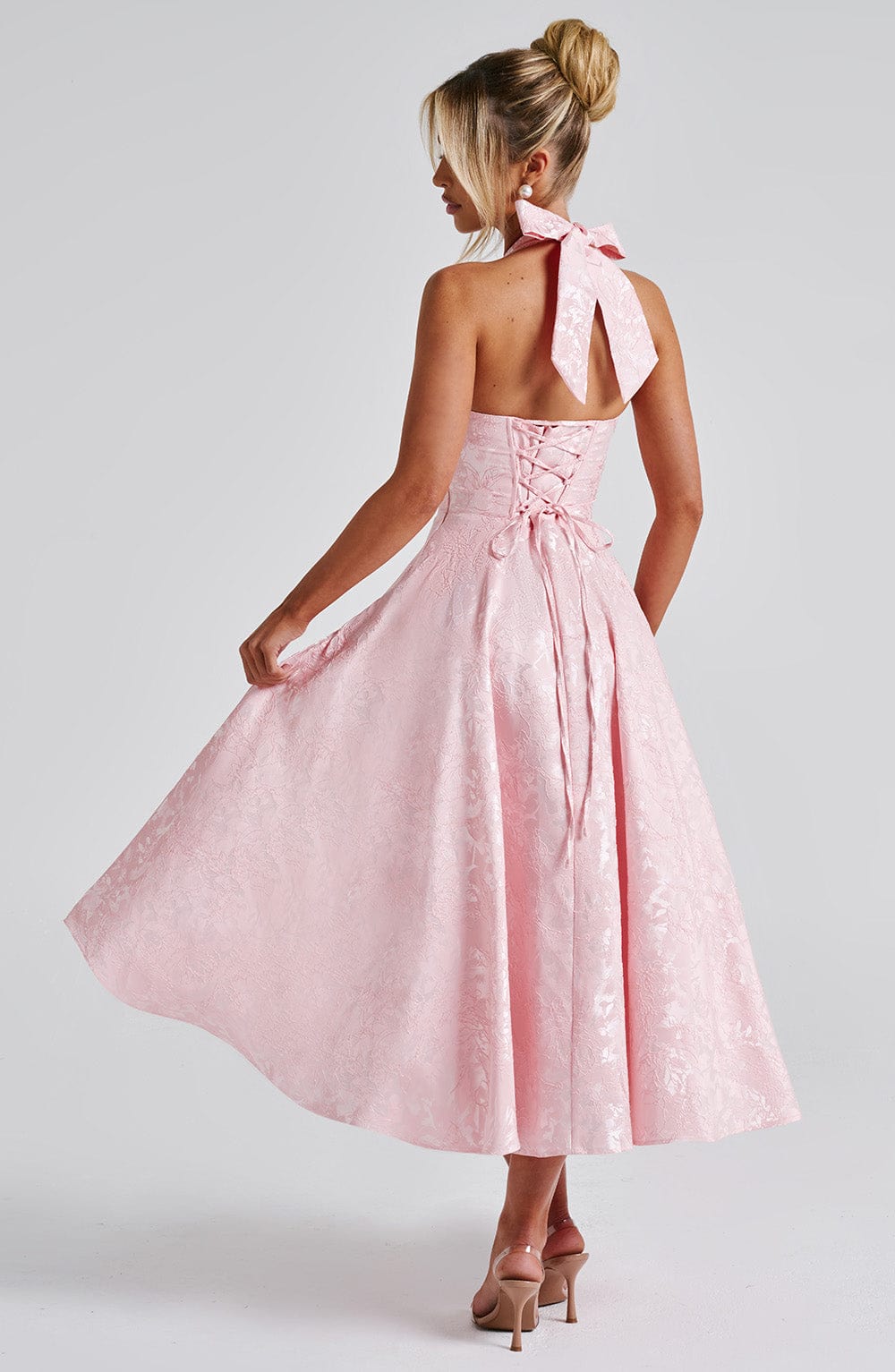 Backless Halter Midi Dress With Full Skirt