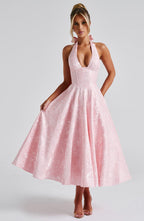 Backless Halter Midi Dress With Full Skirt