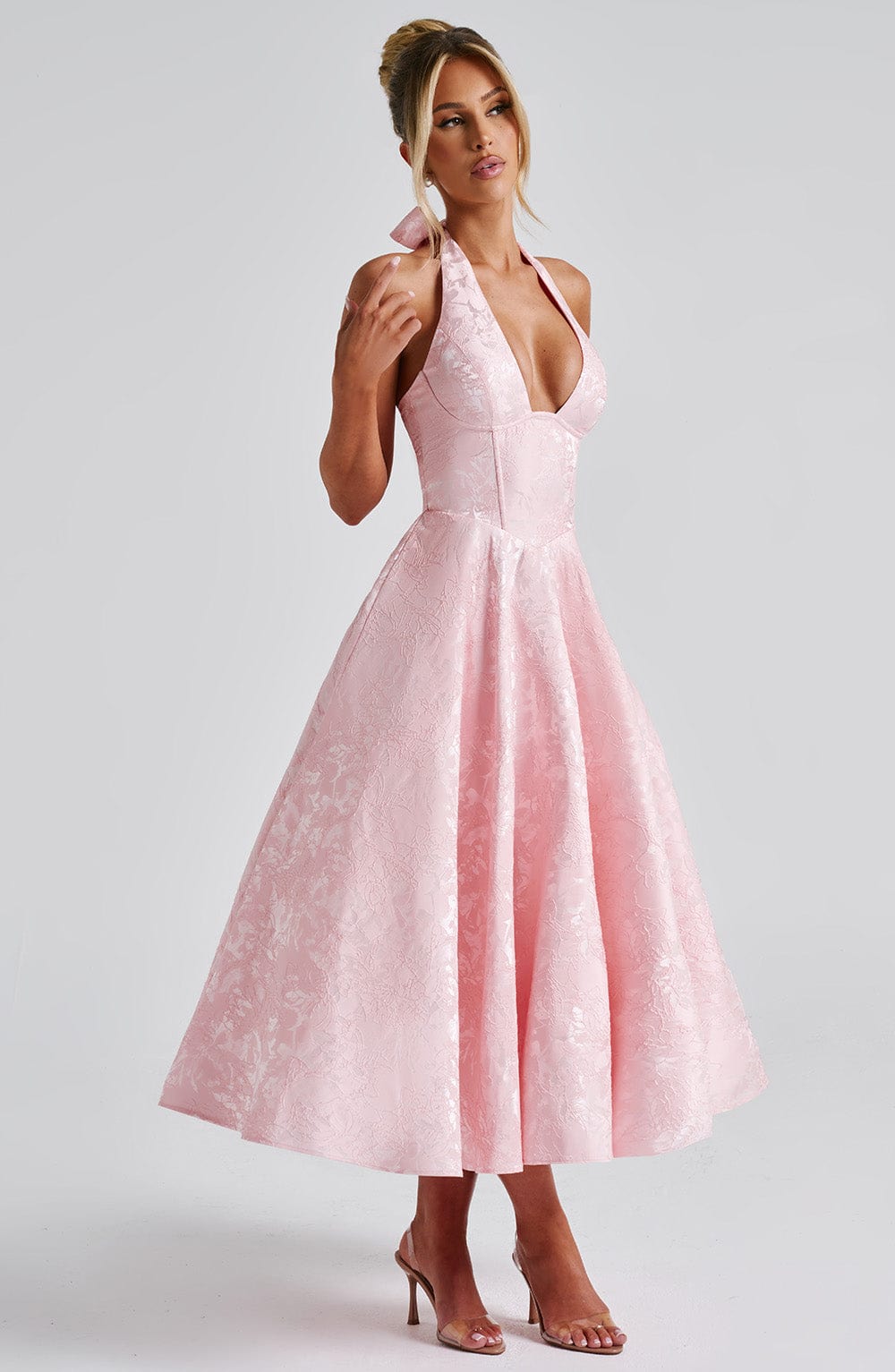 Backless Halter Midi Dress With Full Skirt