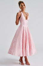Backless Halter Midi Dress With Full Skirt