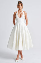 Backless Halter Midi Dress With Full Skirt