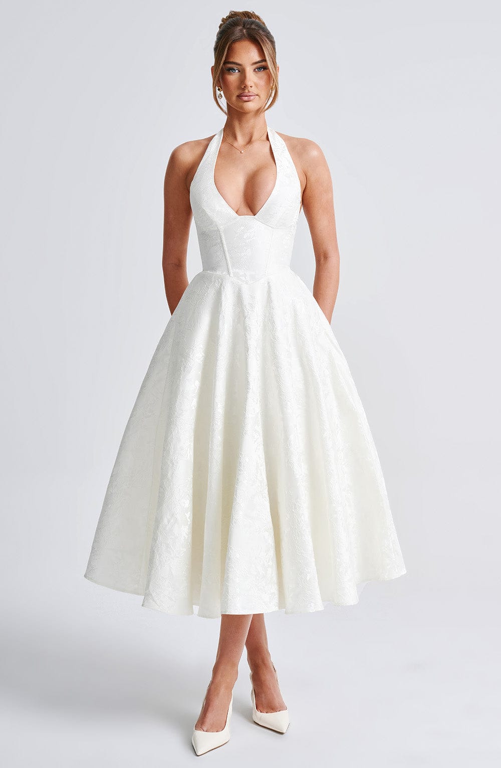 Backless Halter Midi Dress With Full Skirt