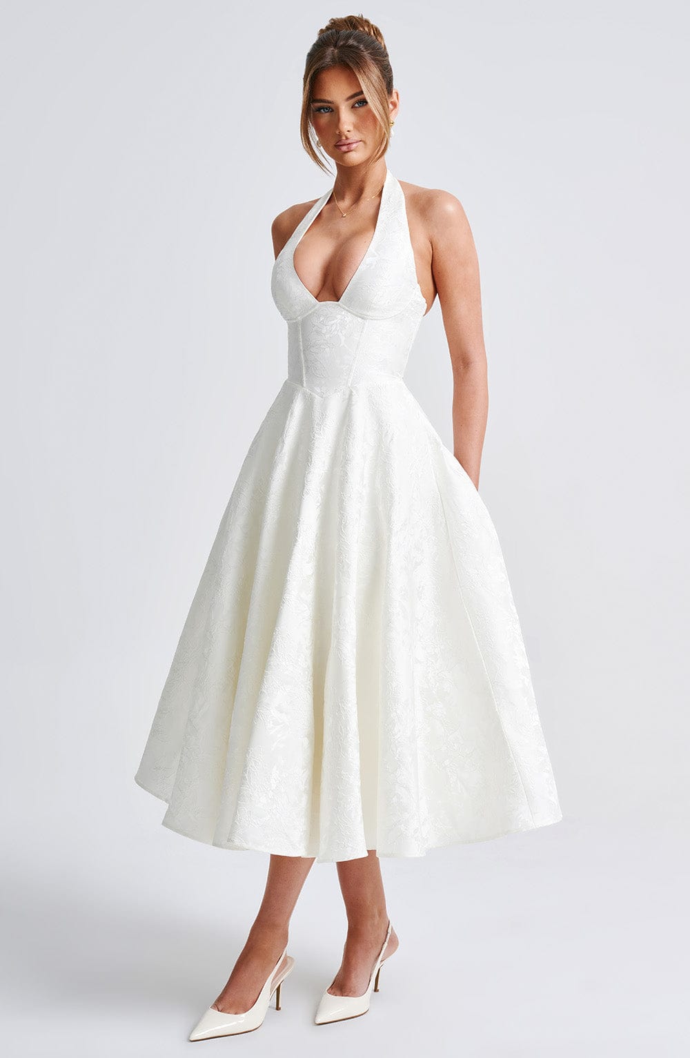 Backless Halter Midi Dress With Full Skirt