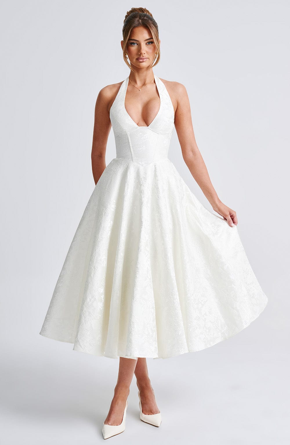 Backless Halter Midi Dress With Full Skirt