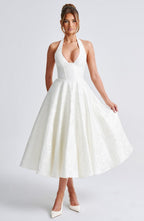 Backless Halter Midi Dress With Full Skirt