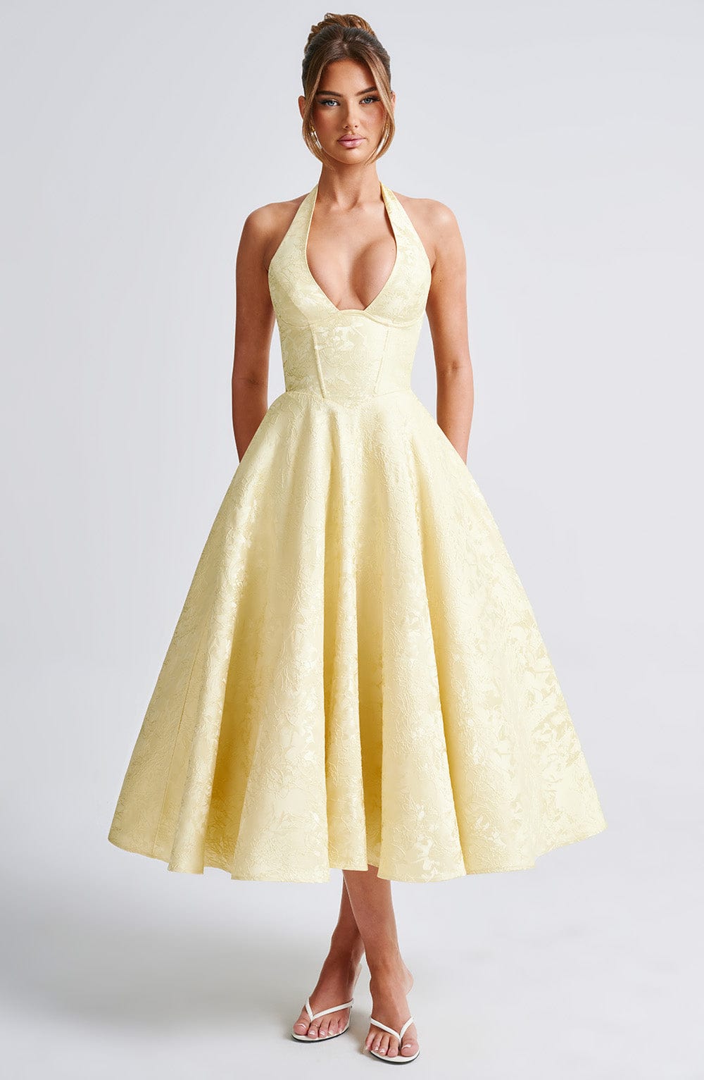Backless Halter Midi Dress With Full Skirt