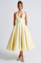 Backless Halter Midi Dress With Full Skirt