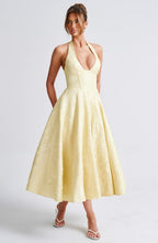 Backless Halter Midi Dress With Full Skirt
