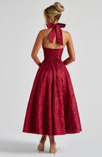 Backless Halter Midi Dress With Full Skirt