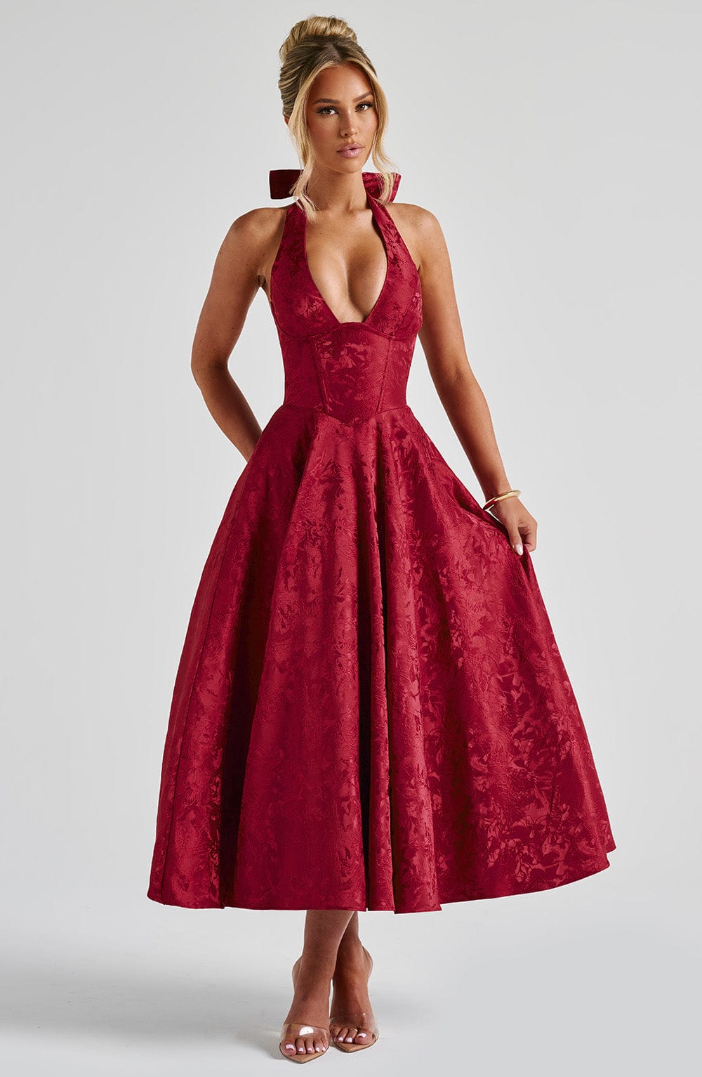 Backless Halter Midi Dress With Full Skirt