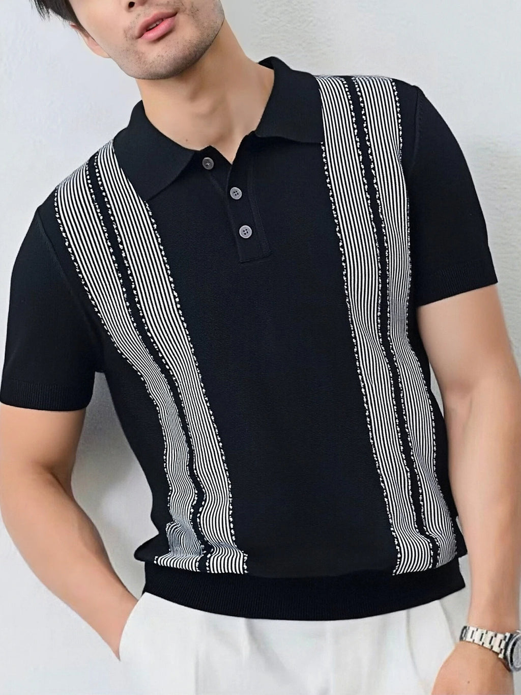 Men’s Stripe Knit Polo Shirt Top
