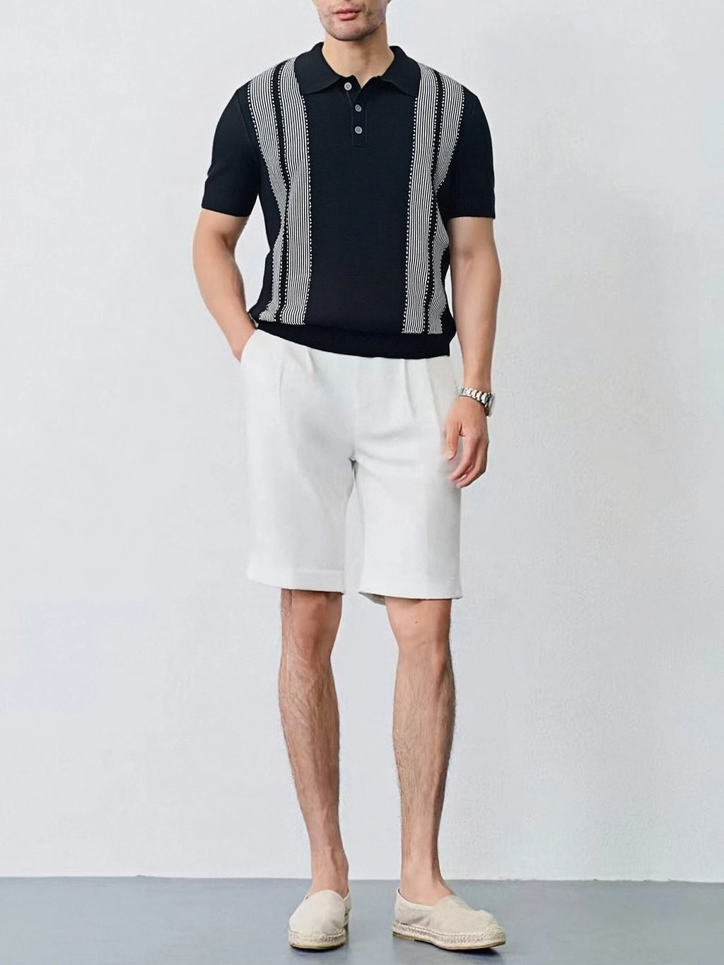 Men’s Stripe Knit Polo Shirt Top