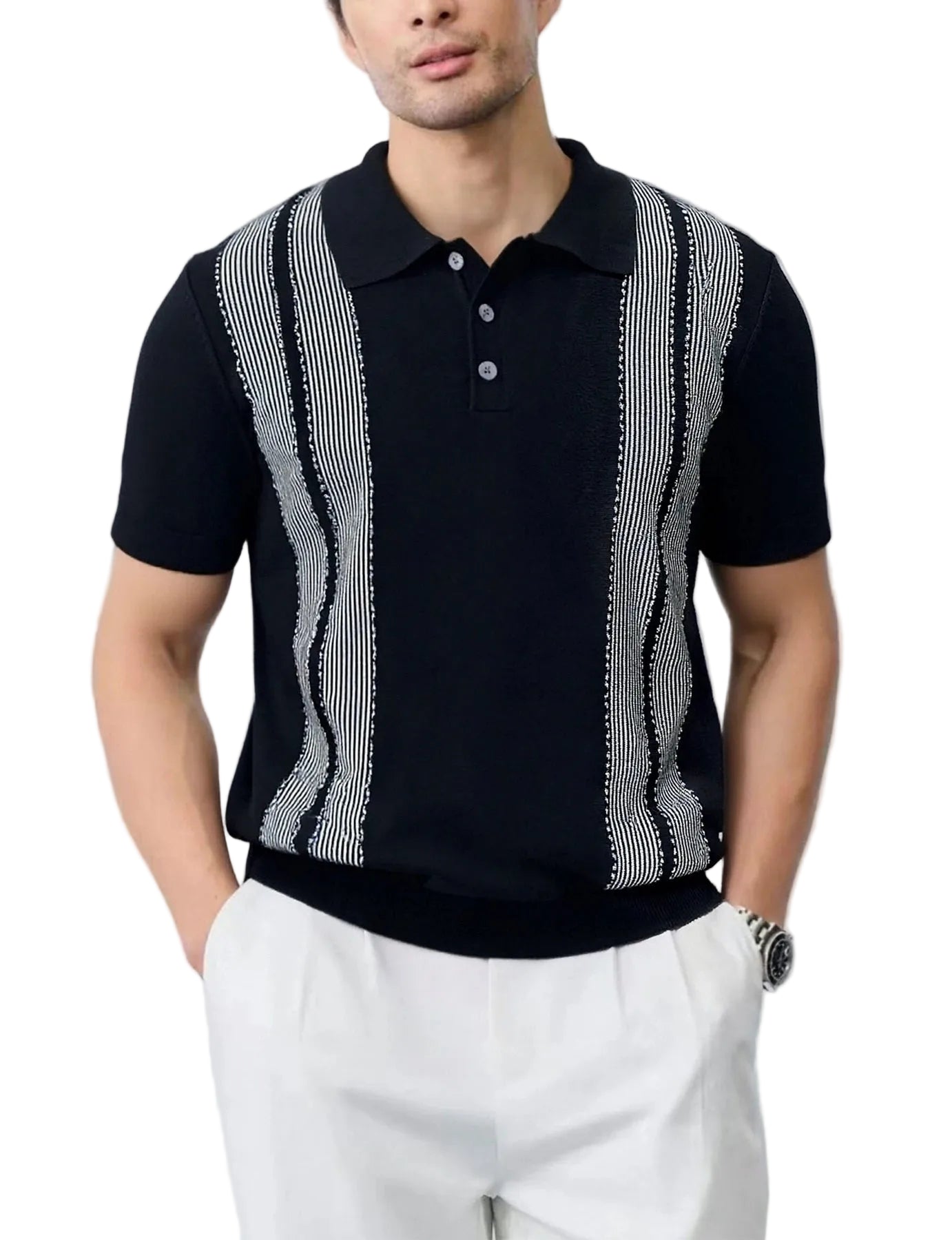 Men’s Stripe Knit Polo Shirt Top Main image