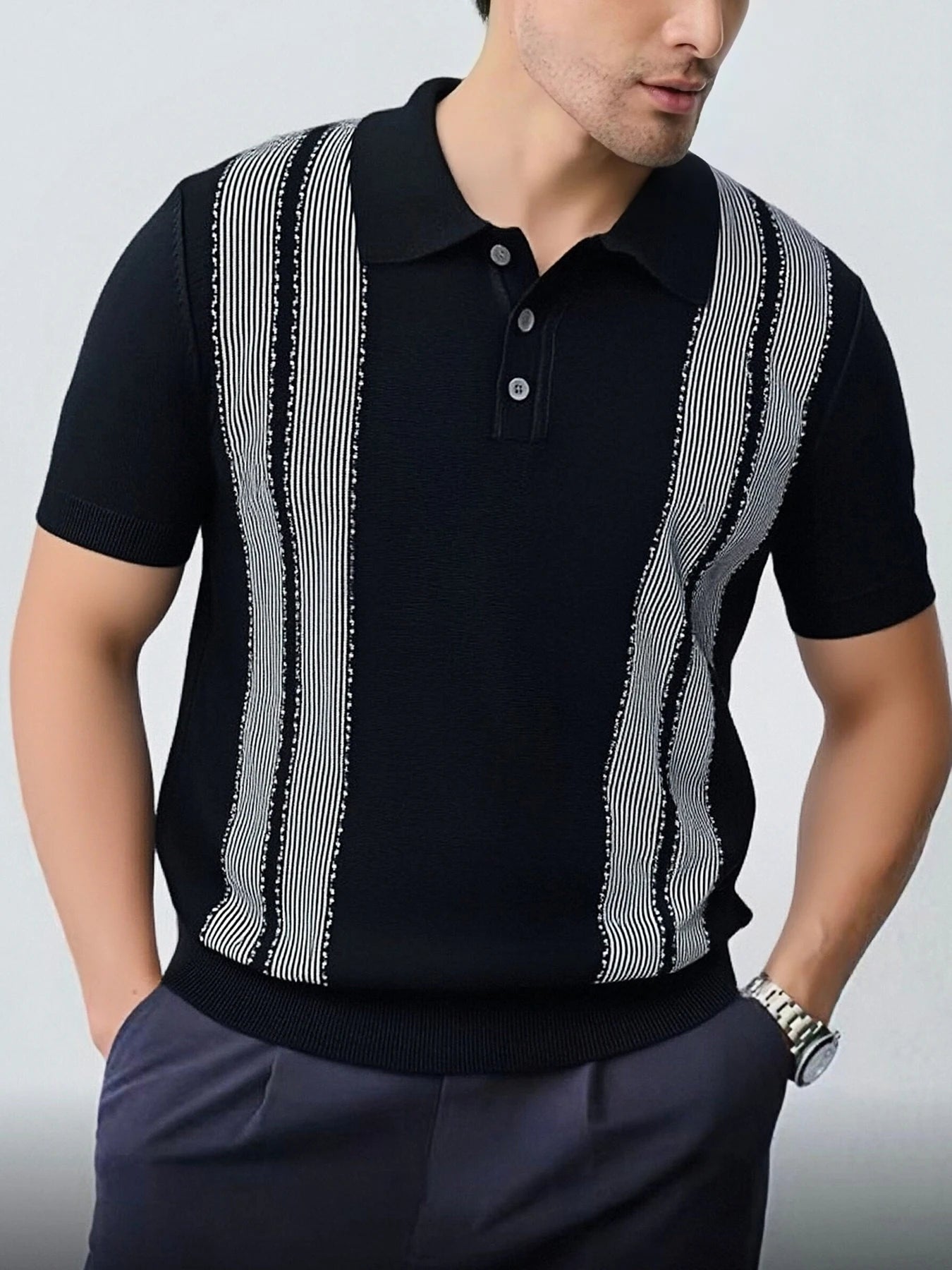 Men’s Stripe Knit Polo Shirt Top