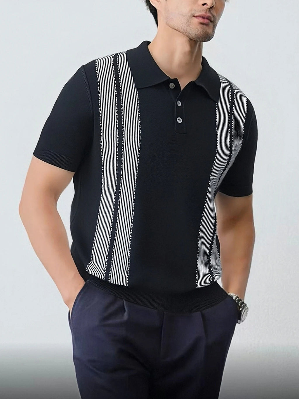 Men’s Stripe Knit Polo Shirt Top