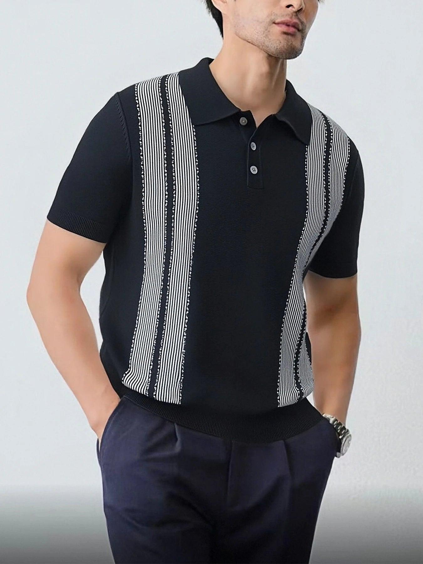 Men’s Stripe Knit Polo Shirt Top