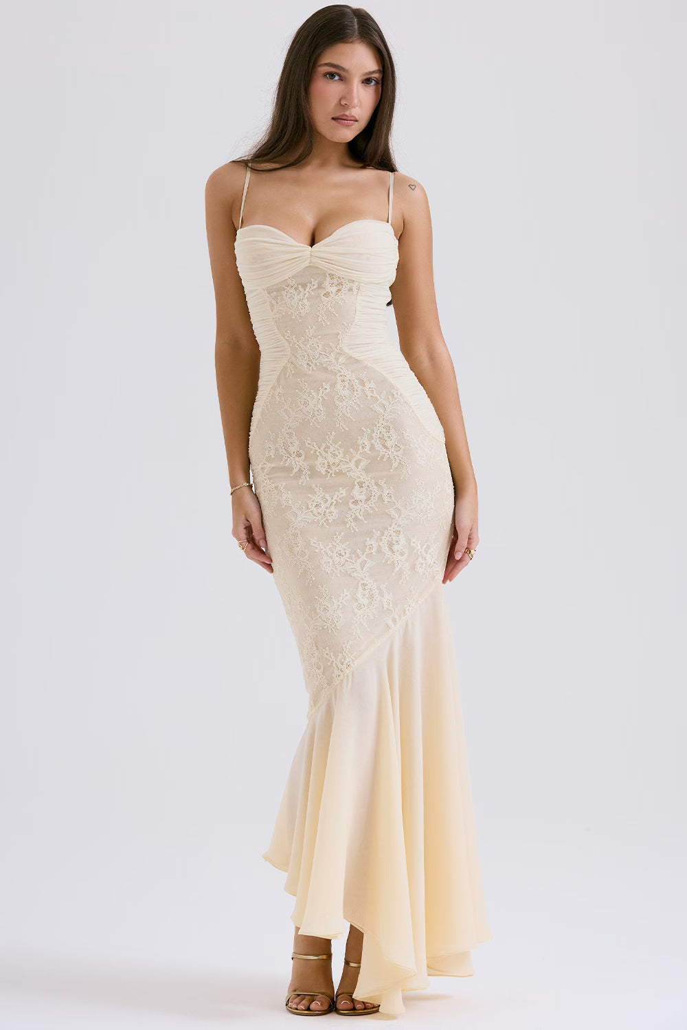 Women's Strapless Lace Panel Fitted Maxi Dress