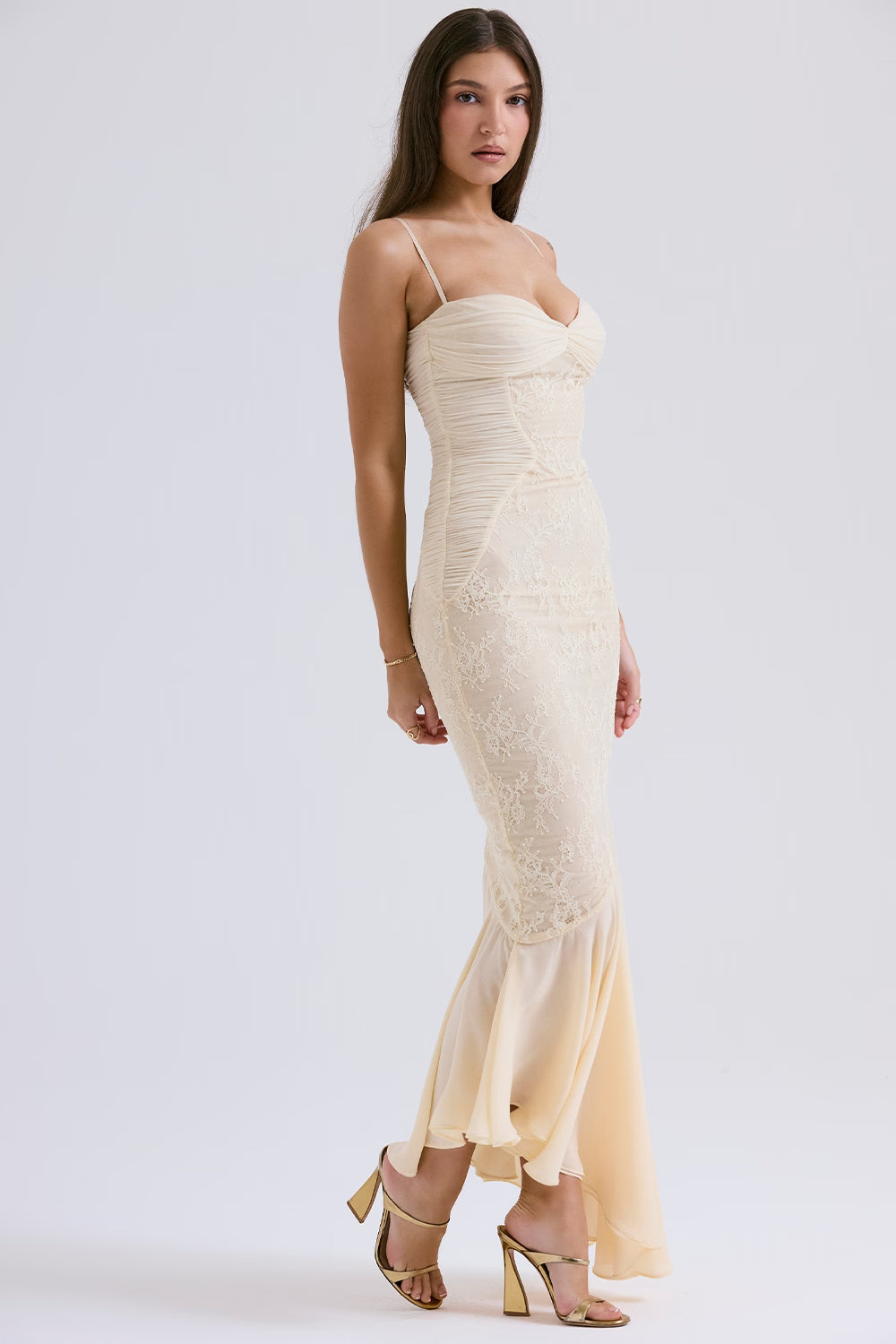 Women's Strapless Lace Panel Fitted Maxi Dress