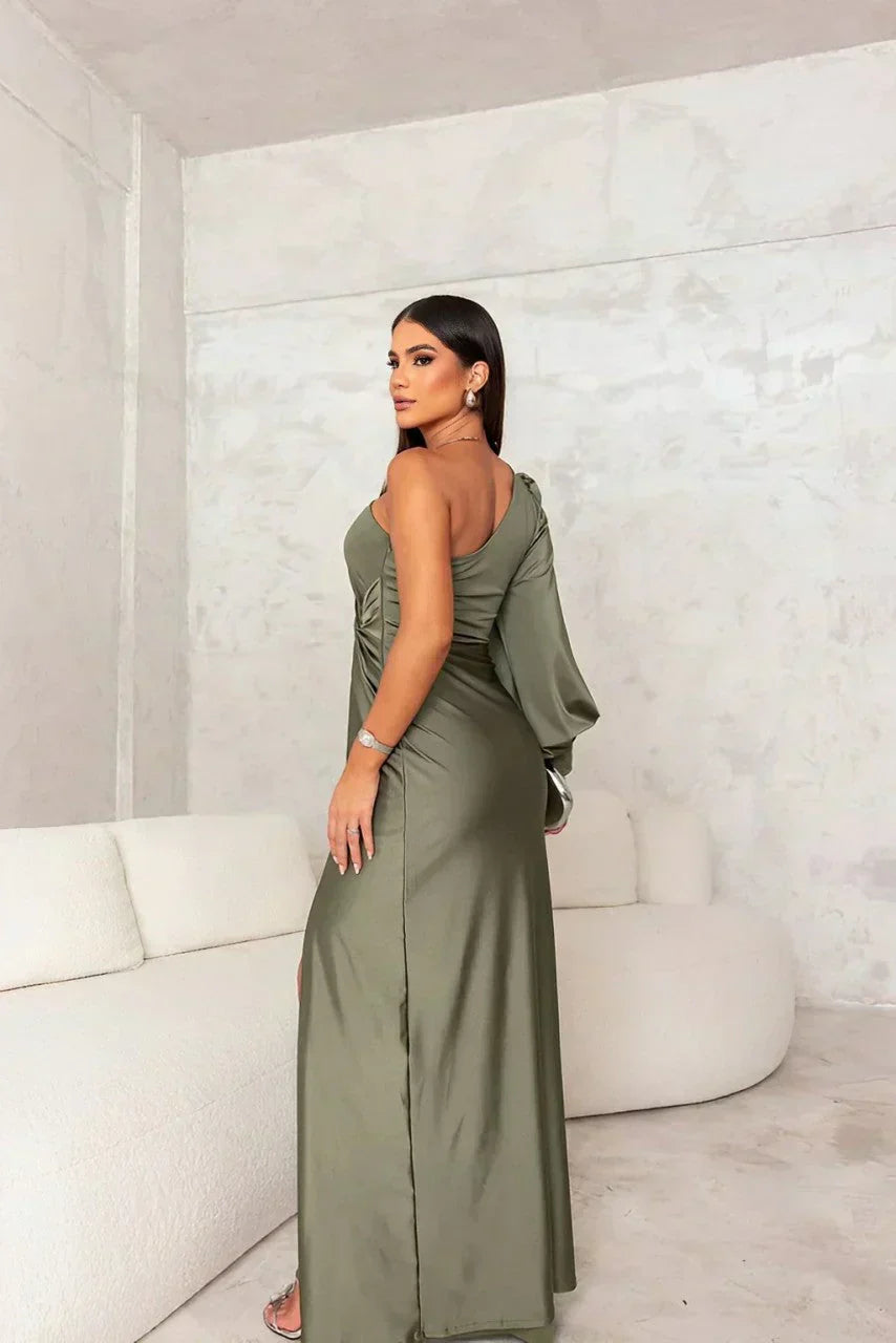 Women's One Shoulder Maxi Dress Long Sleeve High Side Slit