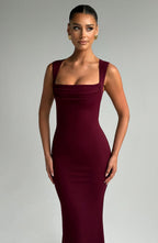 Women's Square Neck Fitted Maxi Dress with Wide Shoulder Straps