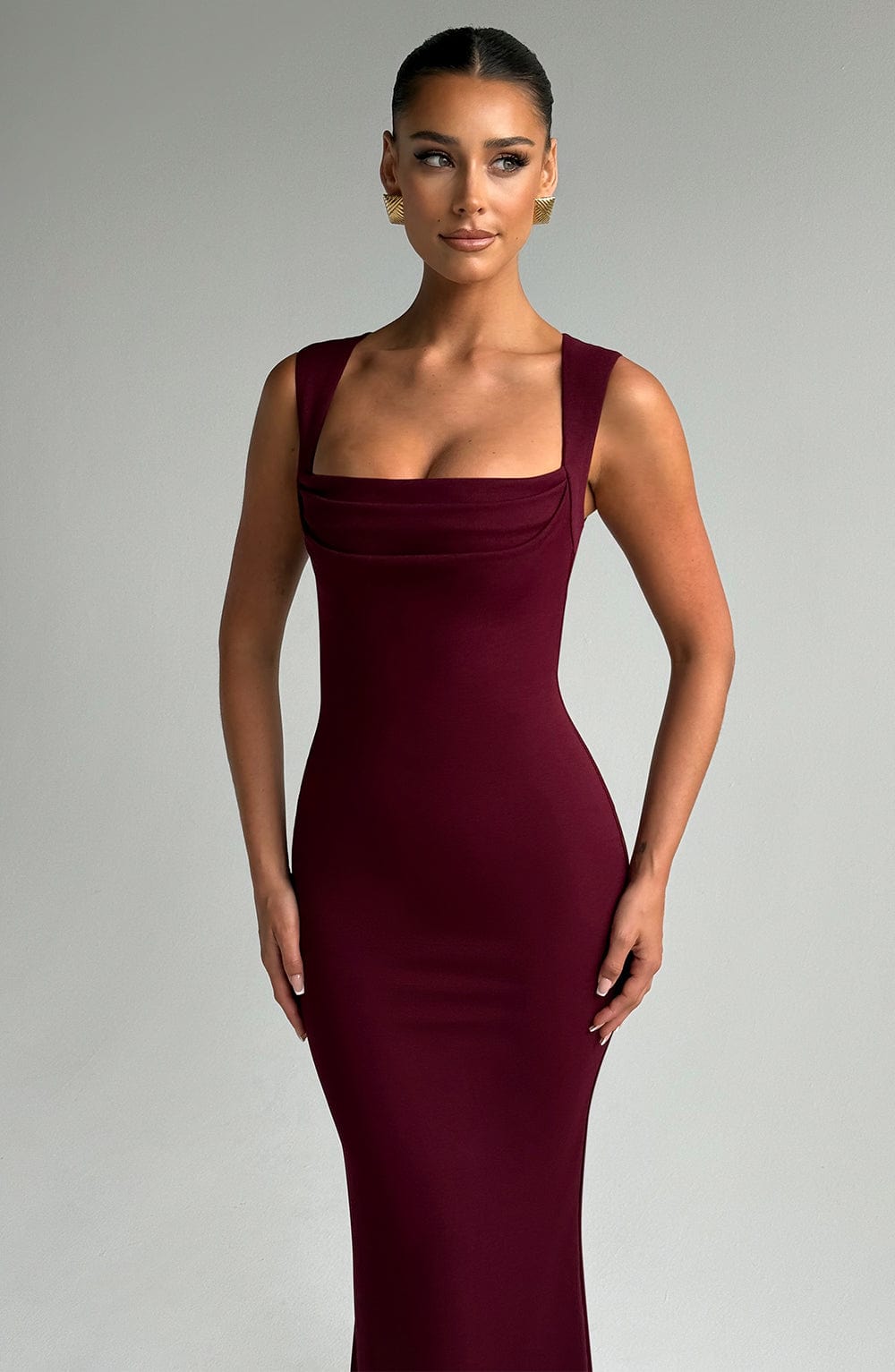 Women's Square Neck Fitted Maxi Dress with Wide Shoulder Straps