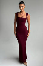 Women's Square Neck Fitted Maxi Dress with Wide Shoulder Straps