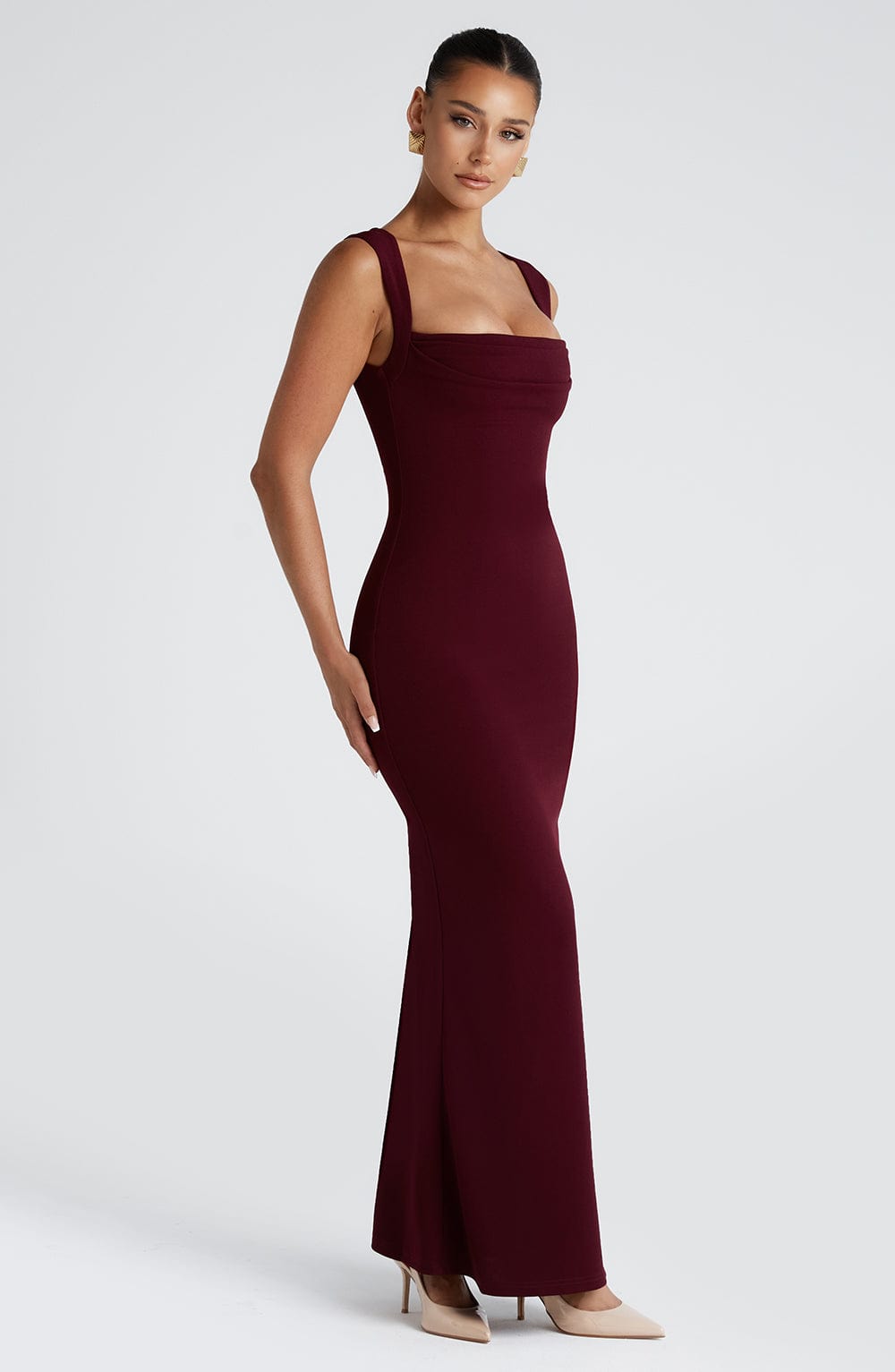 Women's Square Neck Fitted Maxi Dress with Wide Shoulder Straps