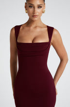 Women's Square Neck Fitted Maxi Dress with Wide Shoulder Straps