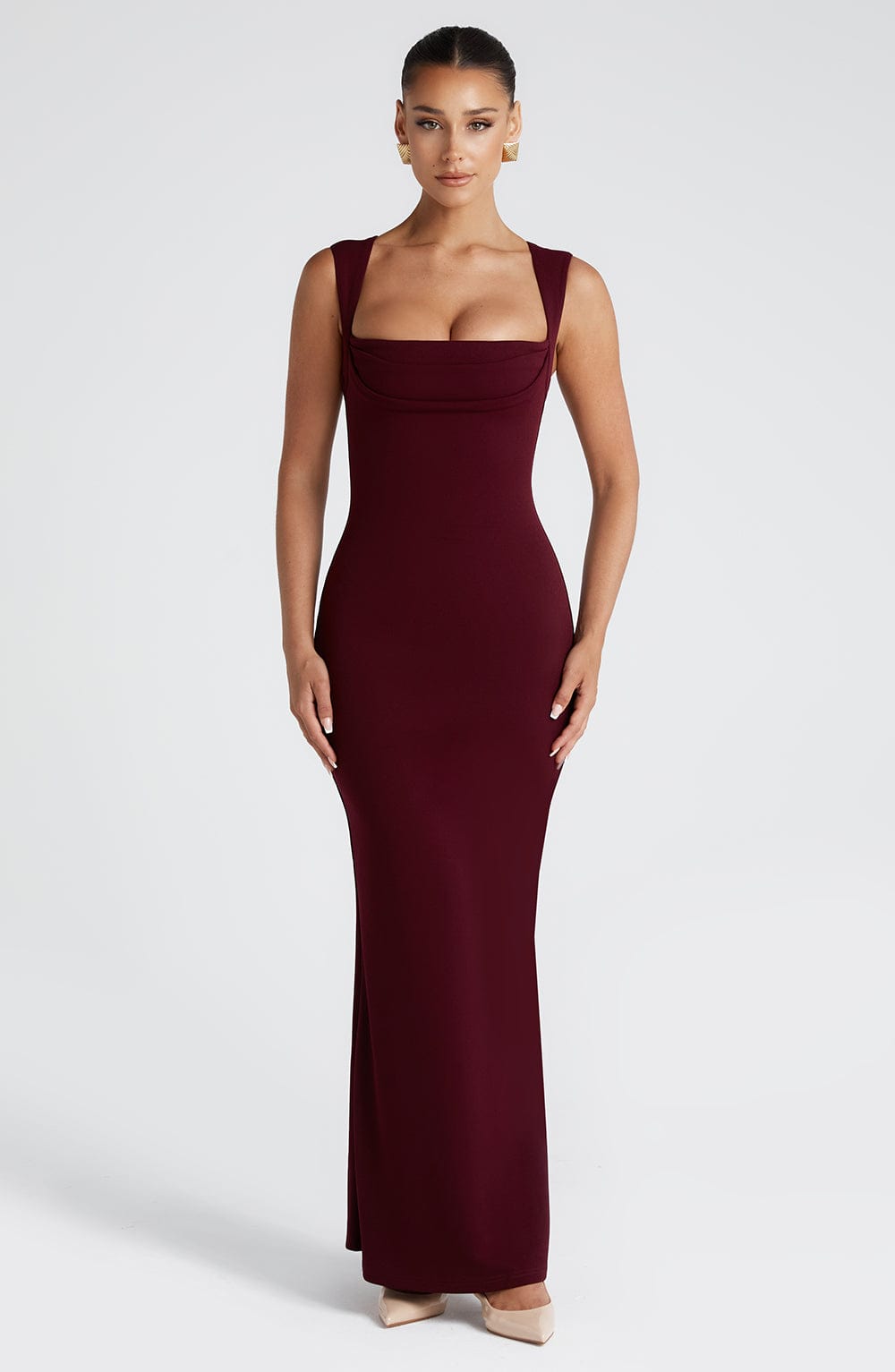 Women's Square Neck Fitted Maxi Dress with Wide Shoulder Straps