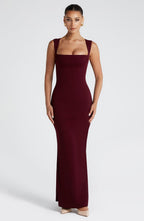 Women's Square Neck Fitted Maxi Dress with Wide Shoulder Straps